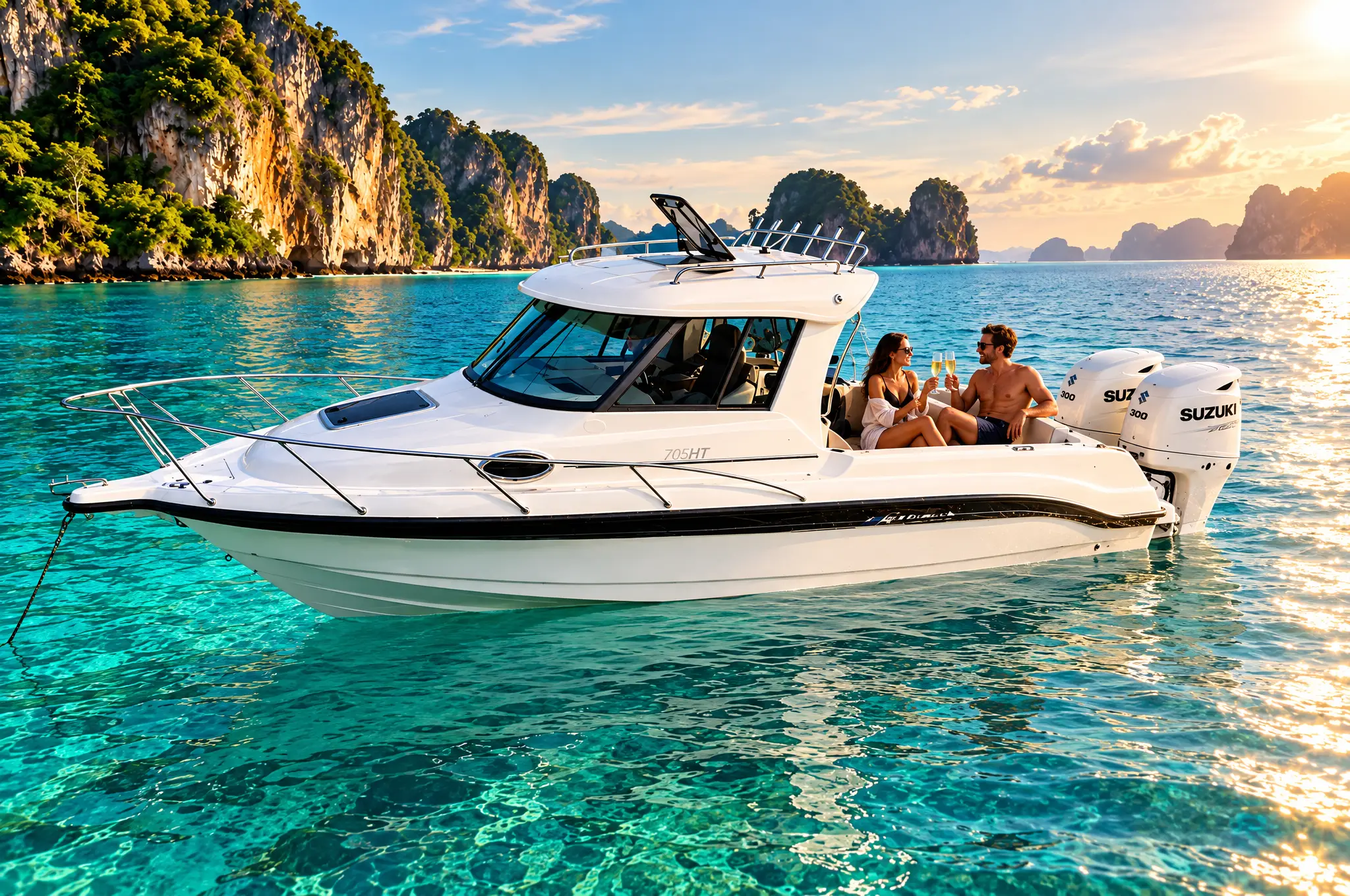 Privates Speedboat in türkiser Lagune bei Krabi: Paar stößt auf dem Heck mit Champagner an