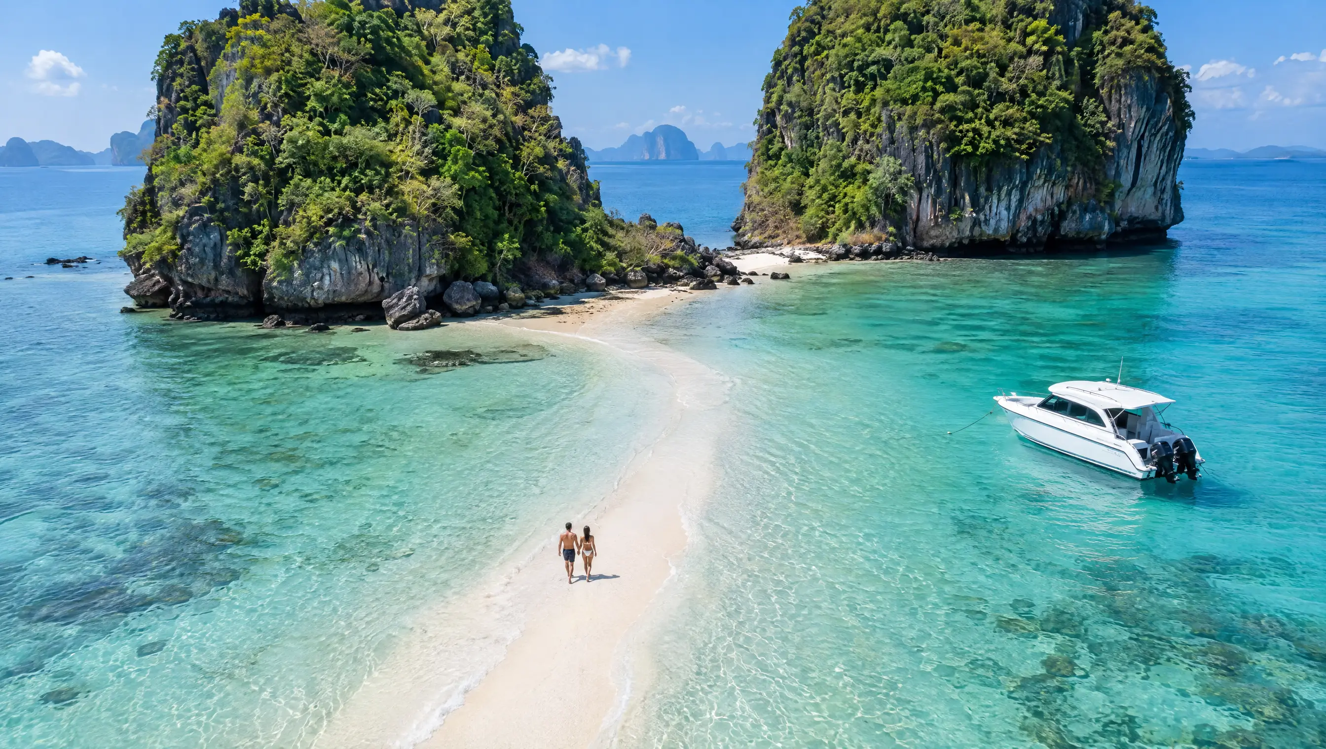 Tup-Sandbank bei Ebbe von oben: weißer Sandweg durch türkises Wasser zwischen den Inseln bei Krabi